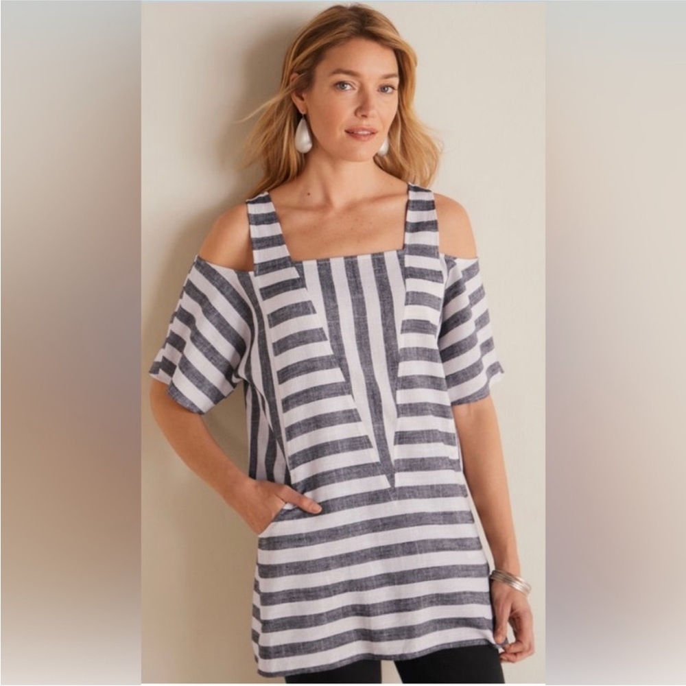NWT Soft Surroundings Sunset Park Tunic Coastal Preppy Cotton Linen Blend Resort